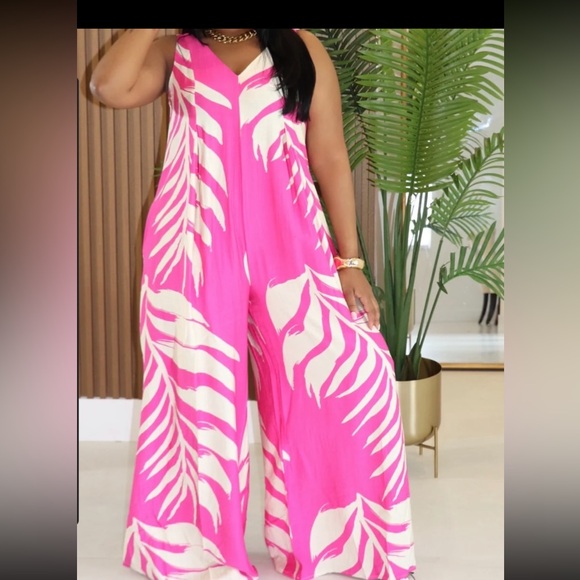 Dress Day Pants - Vibrant Pink and Cream Leaf Print Jumpsuit